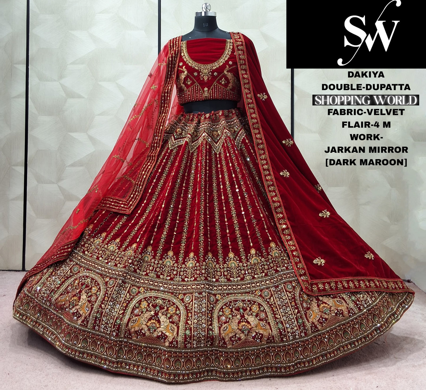 Maroon Double Dupatta Velvet Bridal Lehenga
