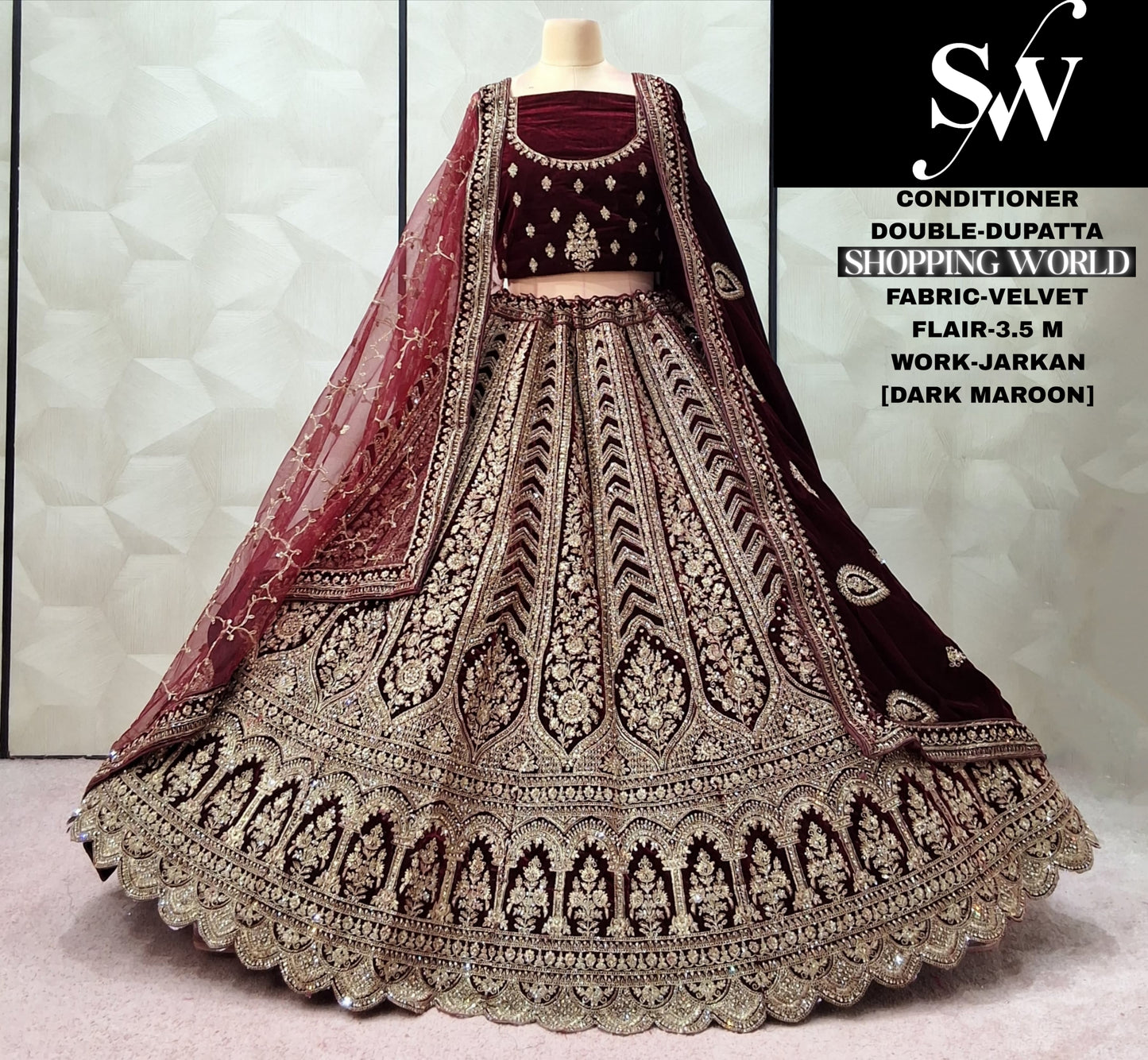 Maroon Velvet Double Dupatta Bridal Lehenga