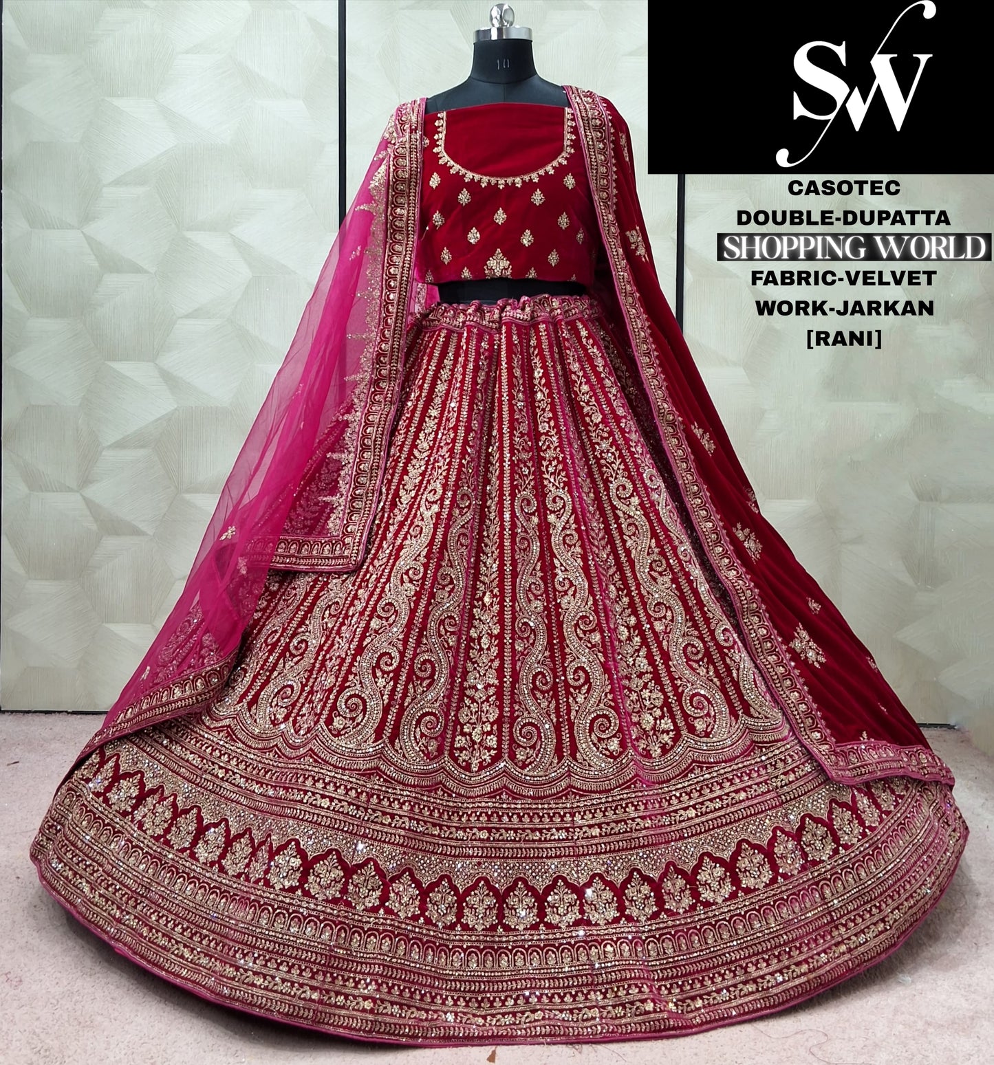 Dark Maroon Velvet Double Dupatta Bridal Lehenga
