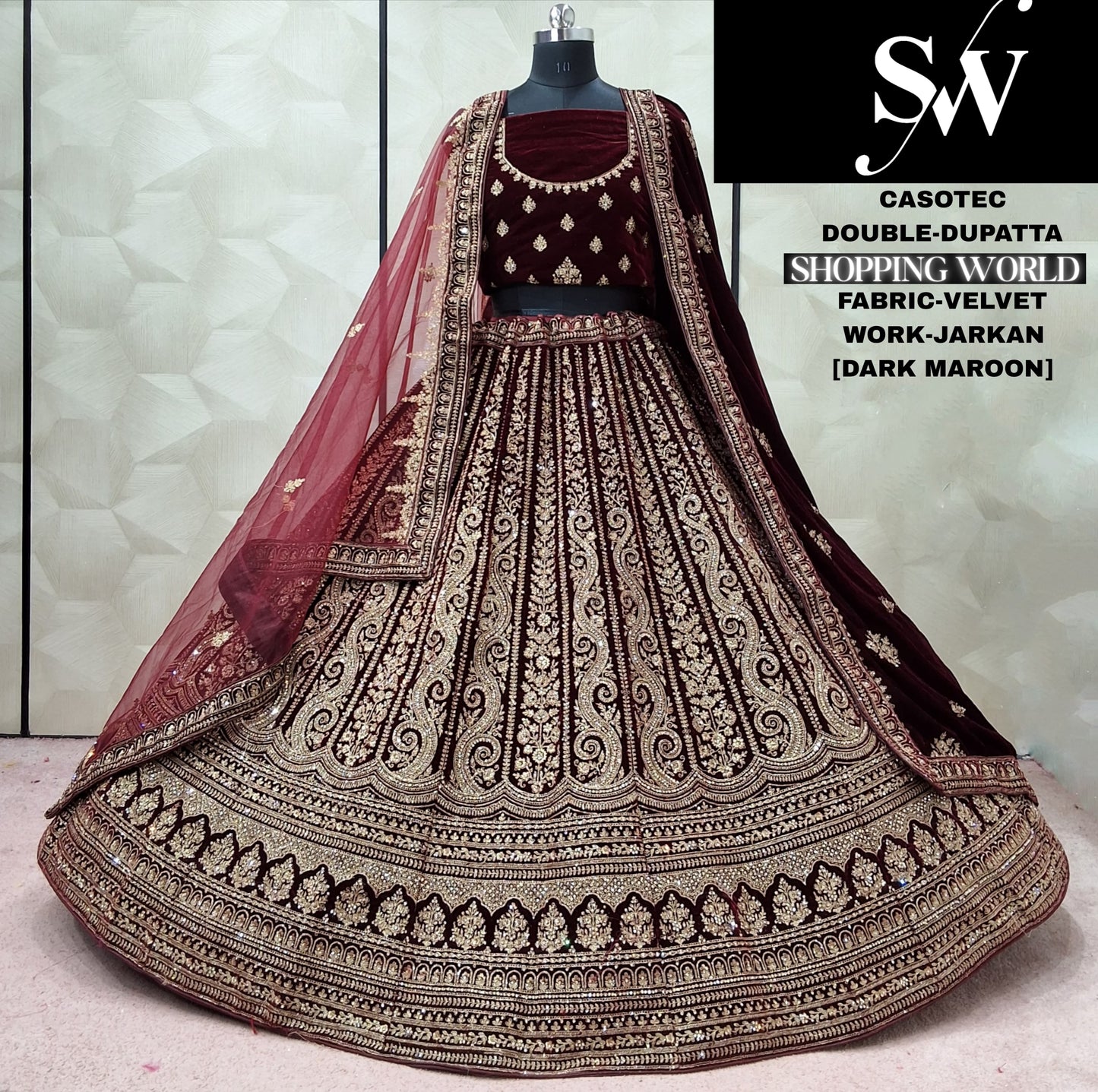 Maroon Velvet Double Dupatta Bridal Lehenga