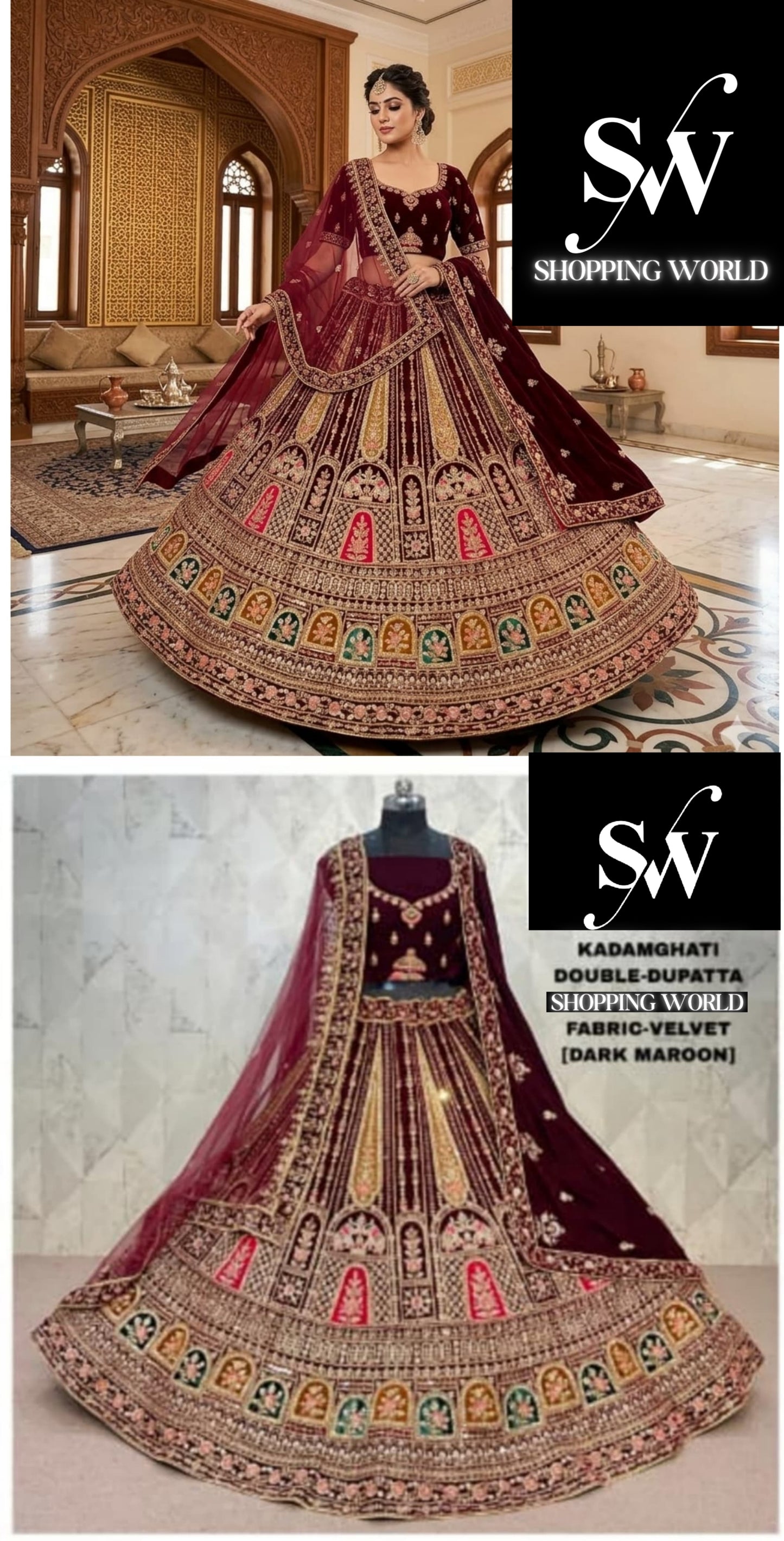 Dark Maroon Double Dupatta Velvet Bridal Lehenga