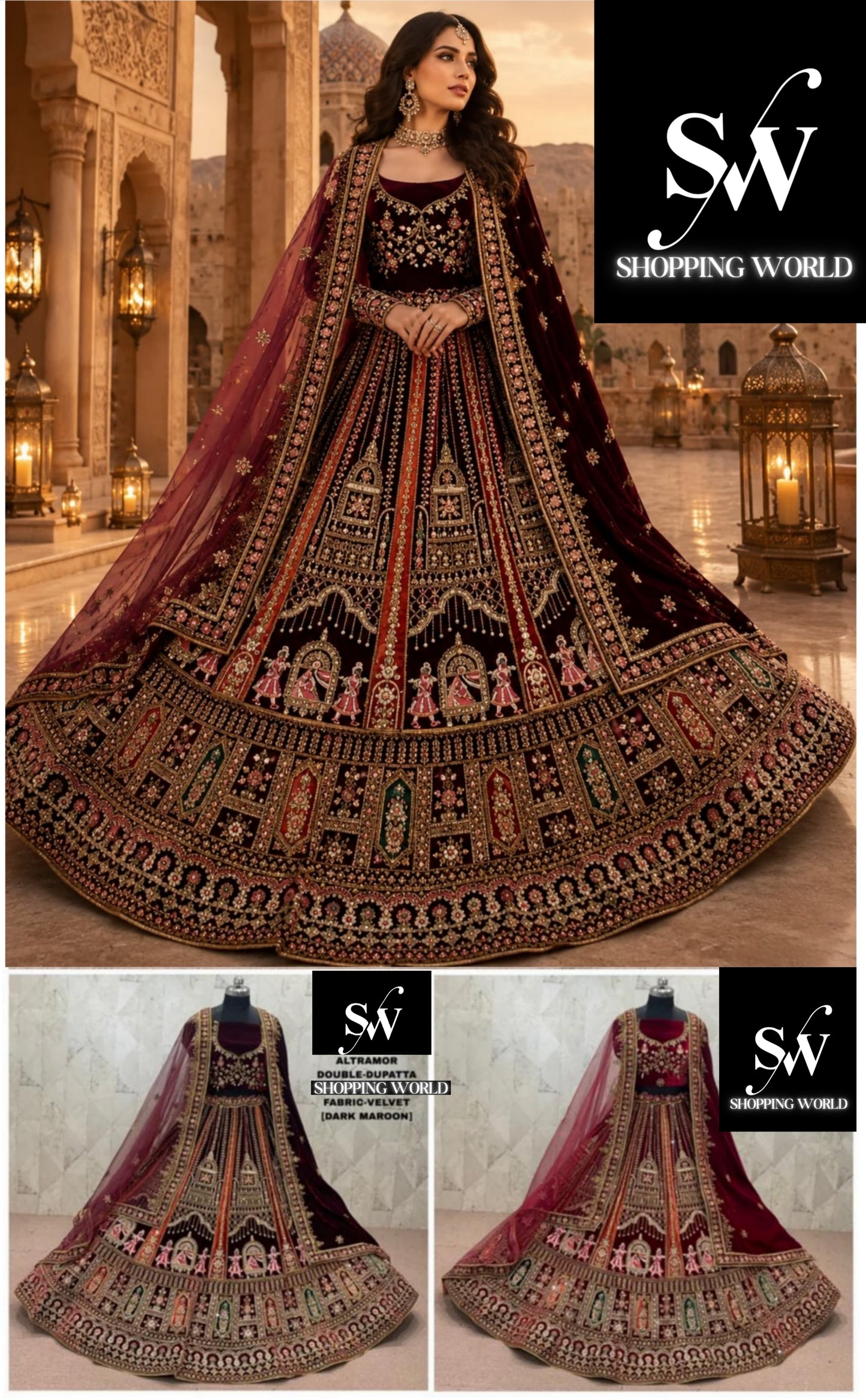 Maroon Dark Maroon Double Dupatta Peacock Velvet Bridal Lehenga