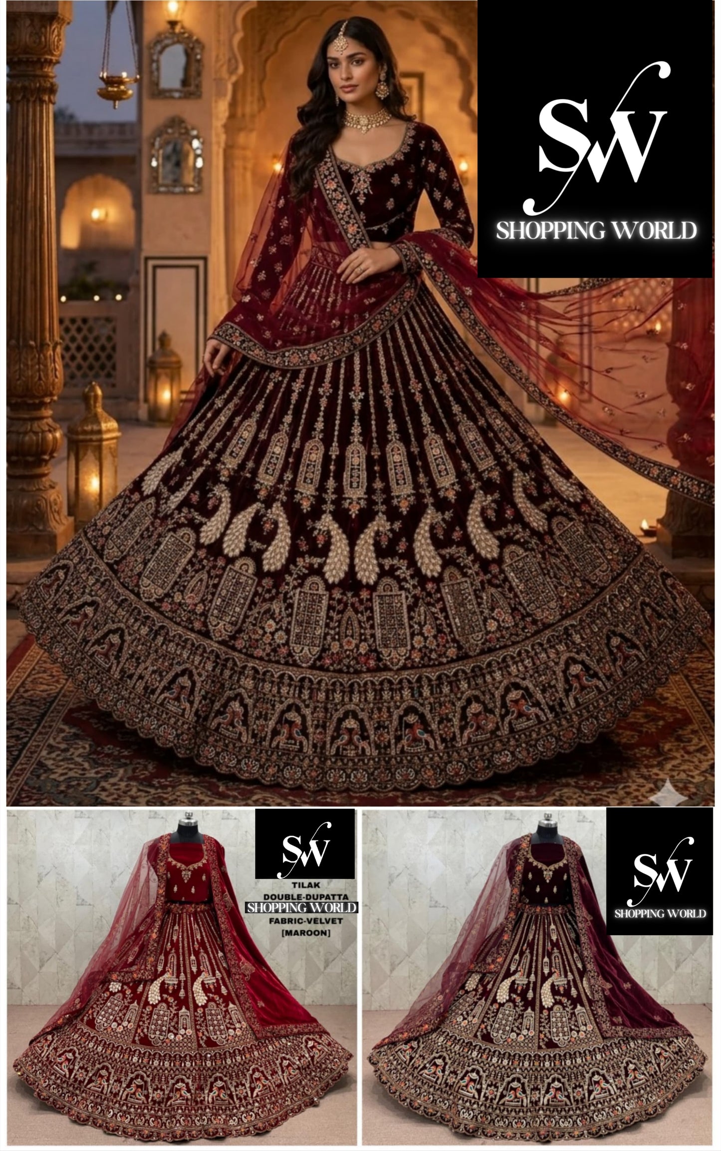 Maroon Dark Maroon Double Dupatta Peacock Velvet Bridal Lehenga