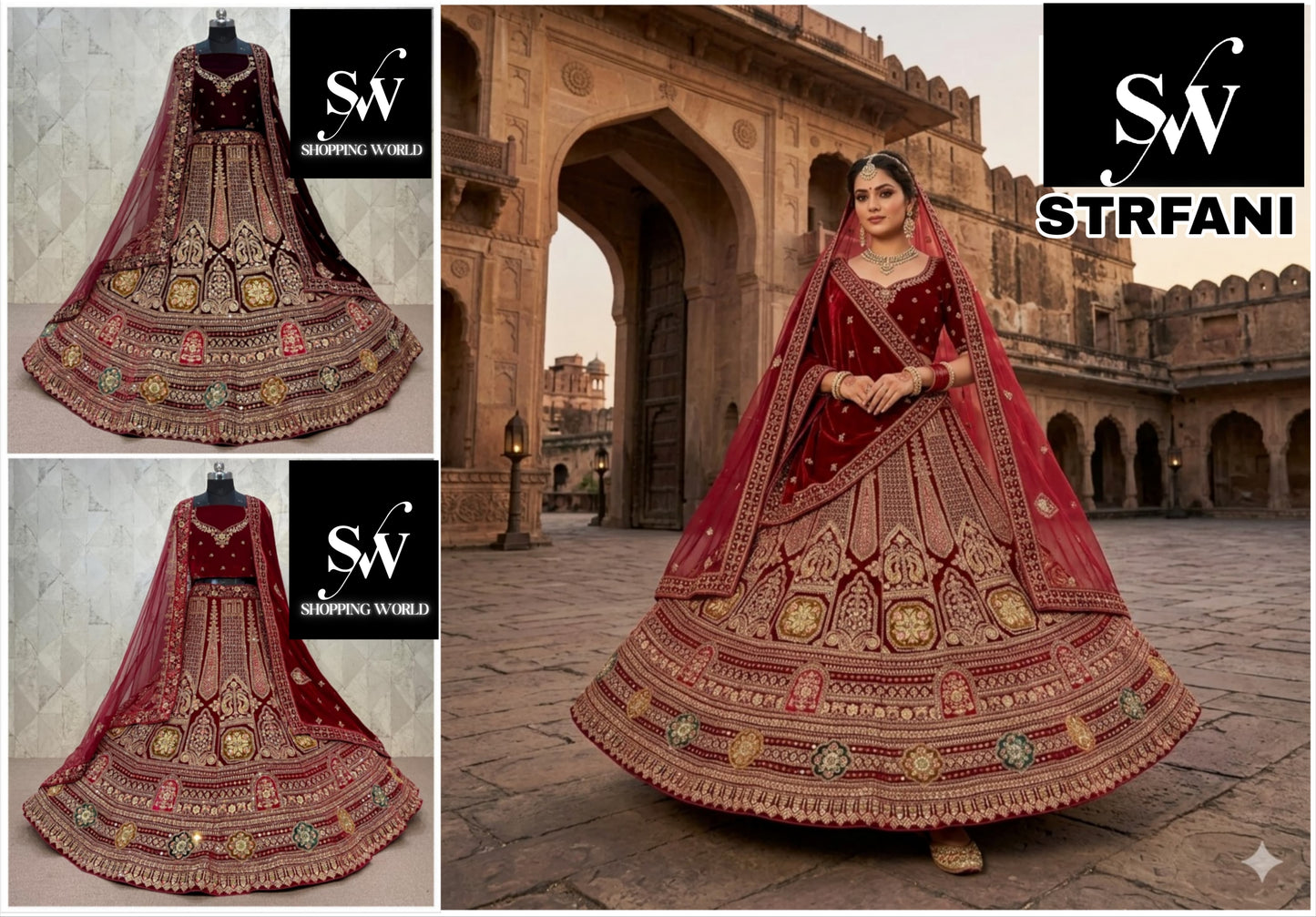 Maroon Dark Maroon Double Dupatta Velvet Bridal Lehenga