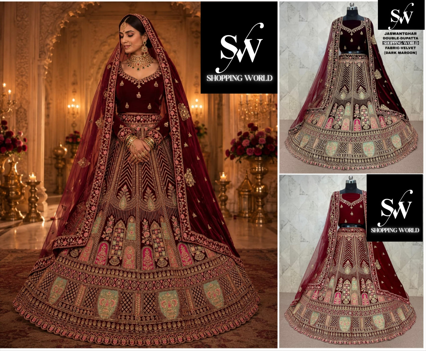 Maroon Dark Maroon Double Dupatta Velvet Bridal Lehenga