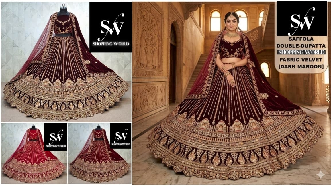 Rani Pink Maroon Dark Maroon Double Dupatta Velvet Bridal Lehenga