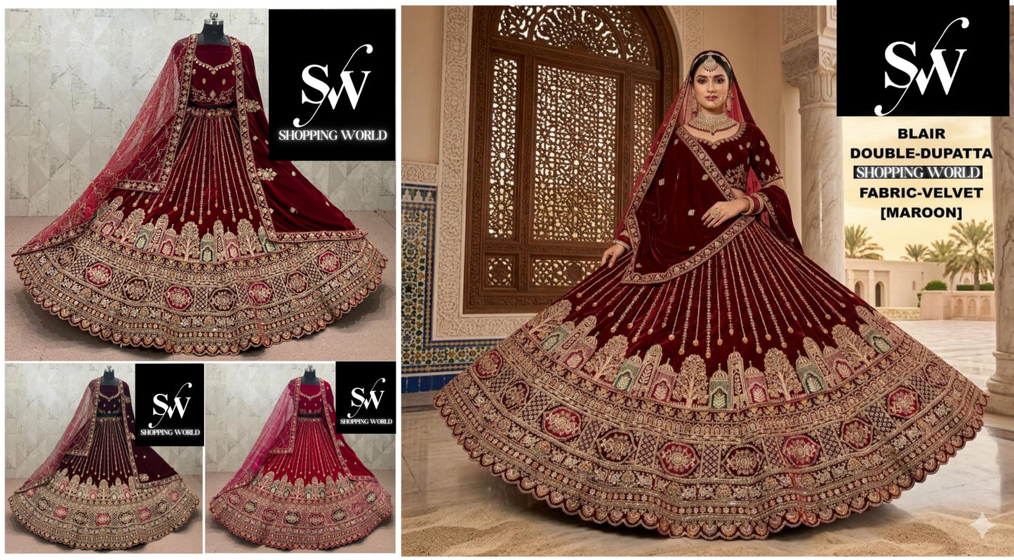 Rani Pink Maroon Dark Maroon Double Dupatta Velvet Bridal Lehenga