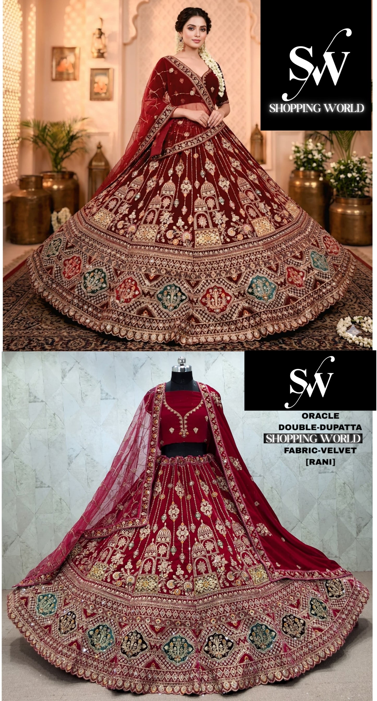 Rani Pink Double Dupatta Velvet Bridal Lehenga
