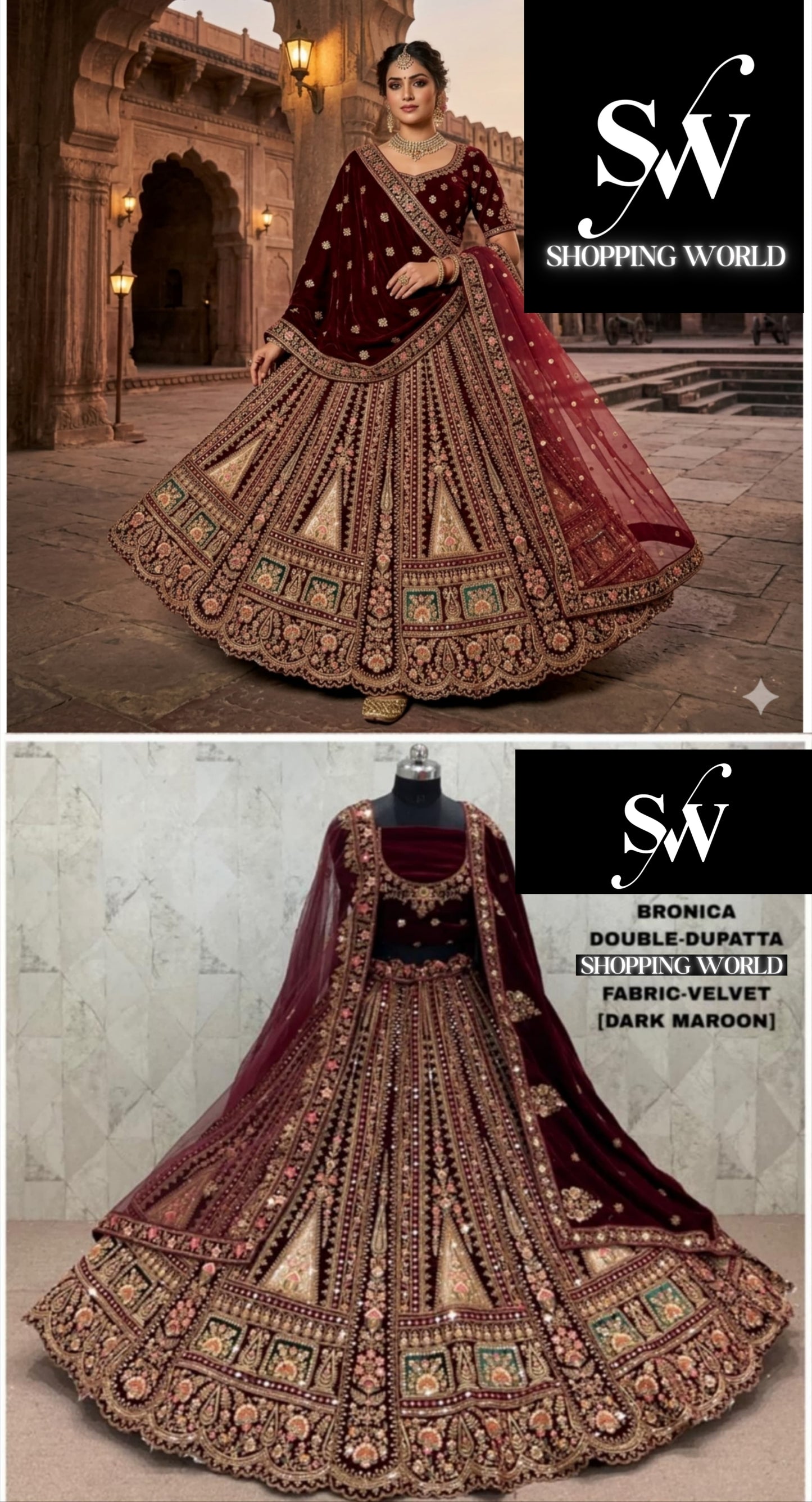 Dark Maroon Double Dupatta Bridal Lehenga