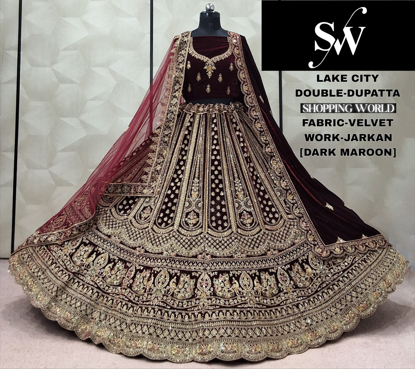 Maroon Double Dupatta Velvet Bridal Lehenga