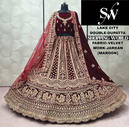 Dark Maroon Double Dupatta Velvet Bridal Lehenga
