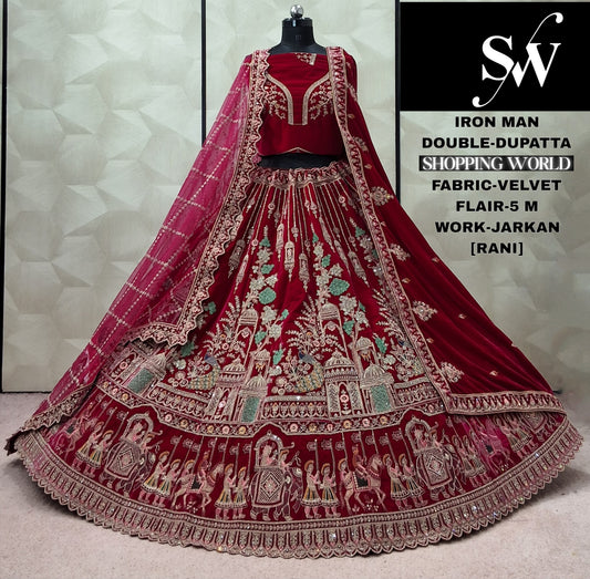 Maroon Double Dupatta Velvet Bridal Lehenga