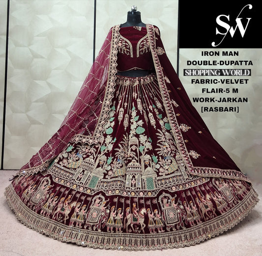 Rani pink Double Dupatta Velvet Bridal Lehenga
