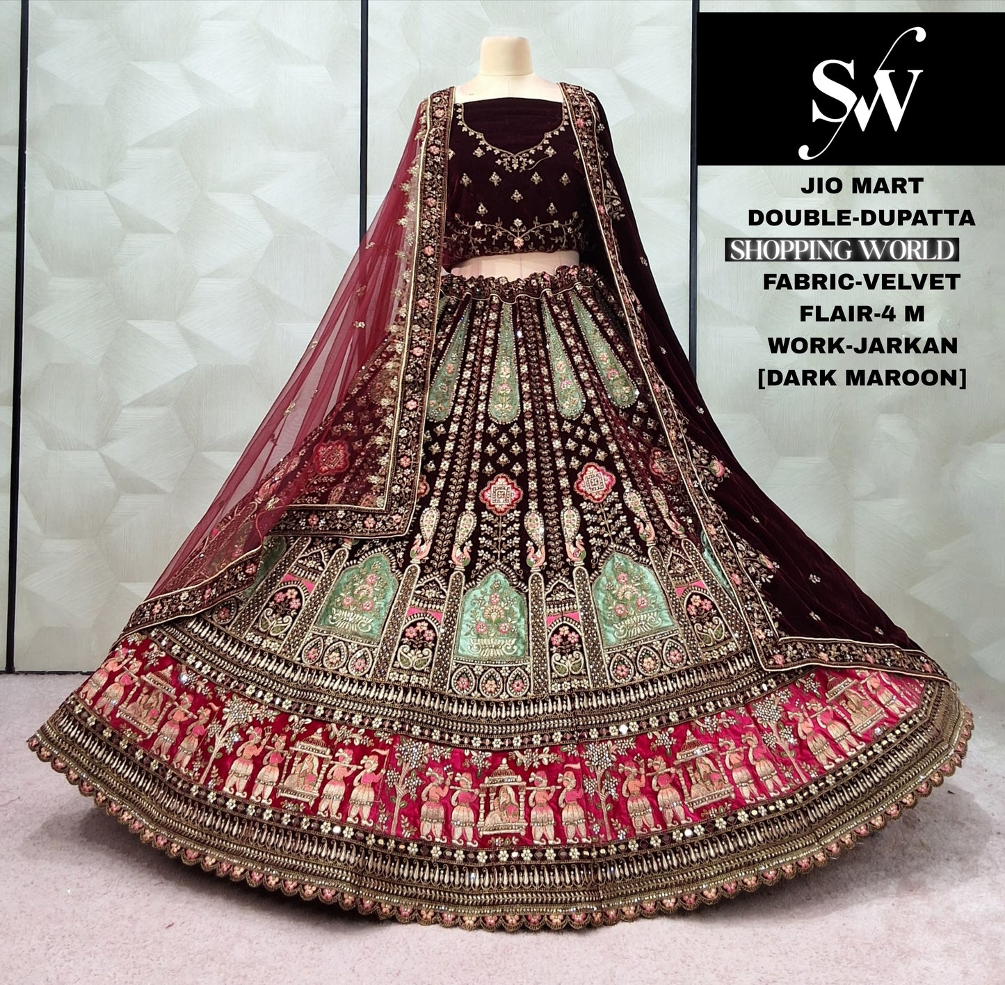 Dark Maroon Double Dupatta Doli Barat Velvet Bridal Lehenga