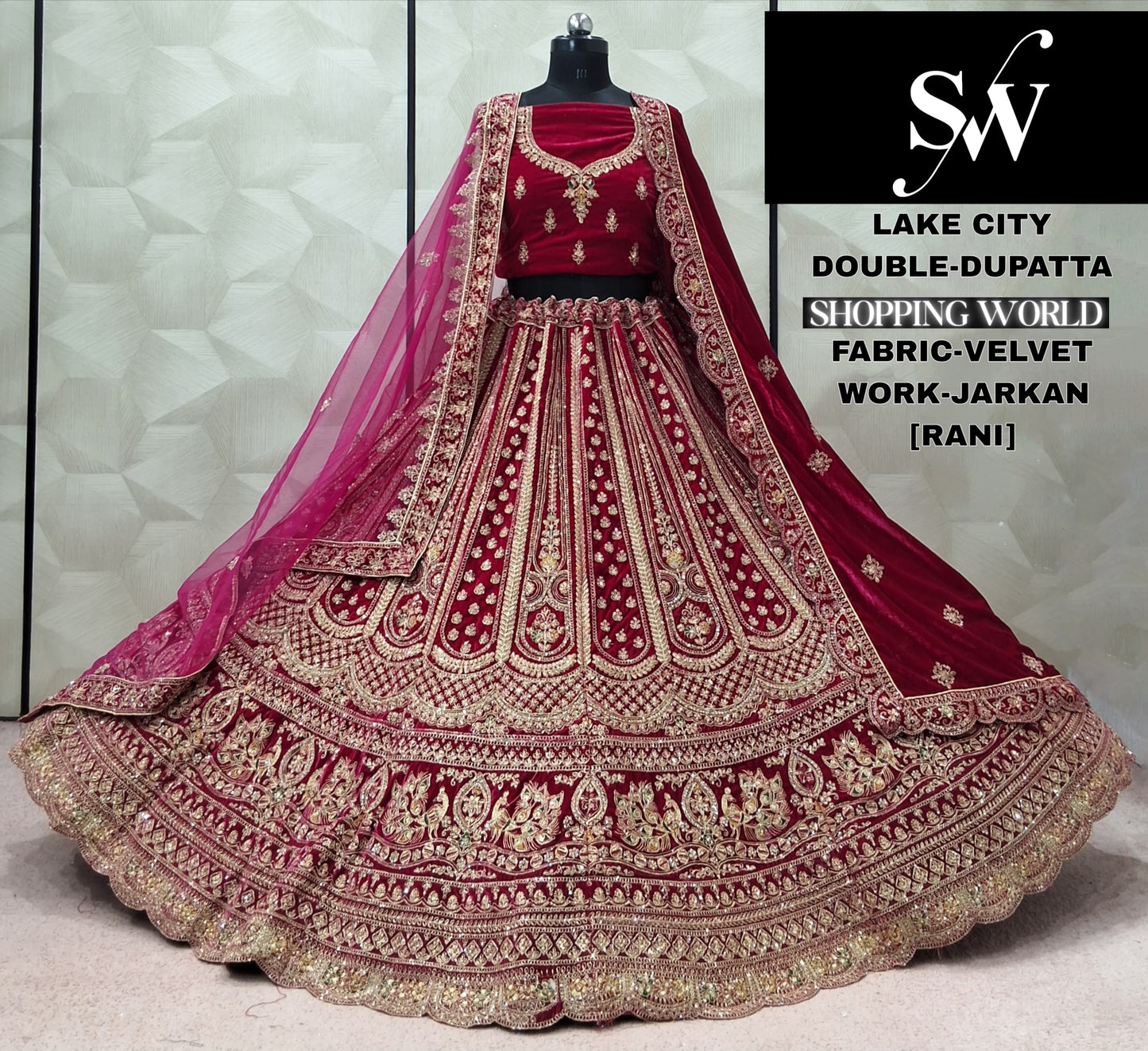 Rani Pink Double Dupatta Velvet Bridal Lehenga