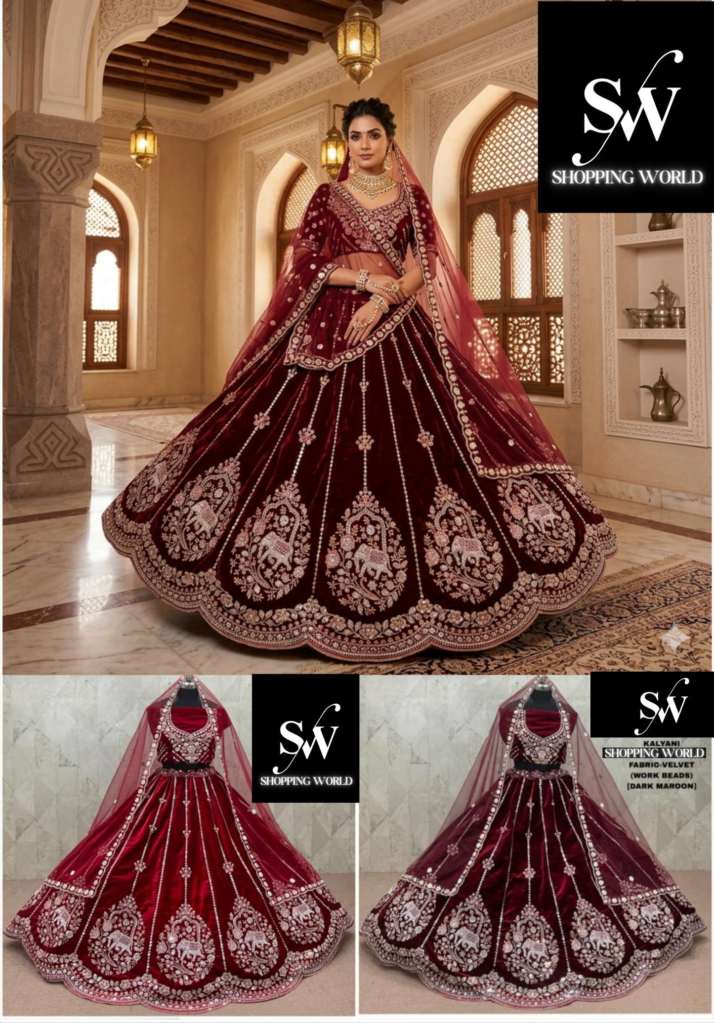 Maroon Dark Maroon Velvet Bridal Lehenga