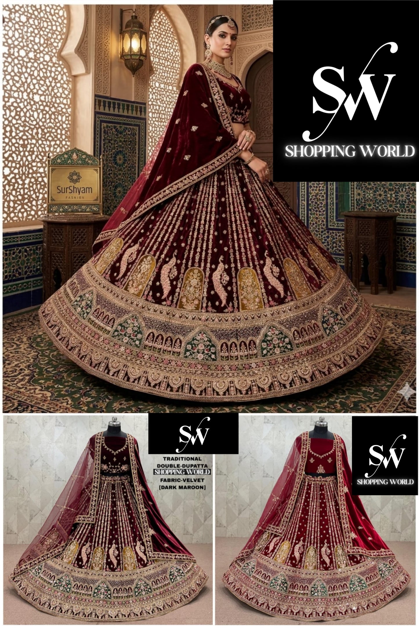 Maroon Dark Maroon Peacock Double Dupatta Velvet Bridal Lehenga