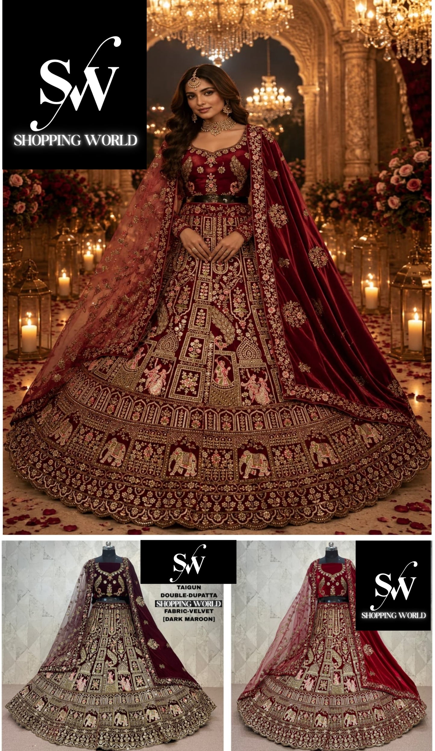 Maroon Dark Maroon Double Dupatta Velvet Bridal Lehenga