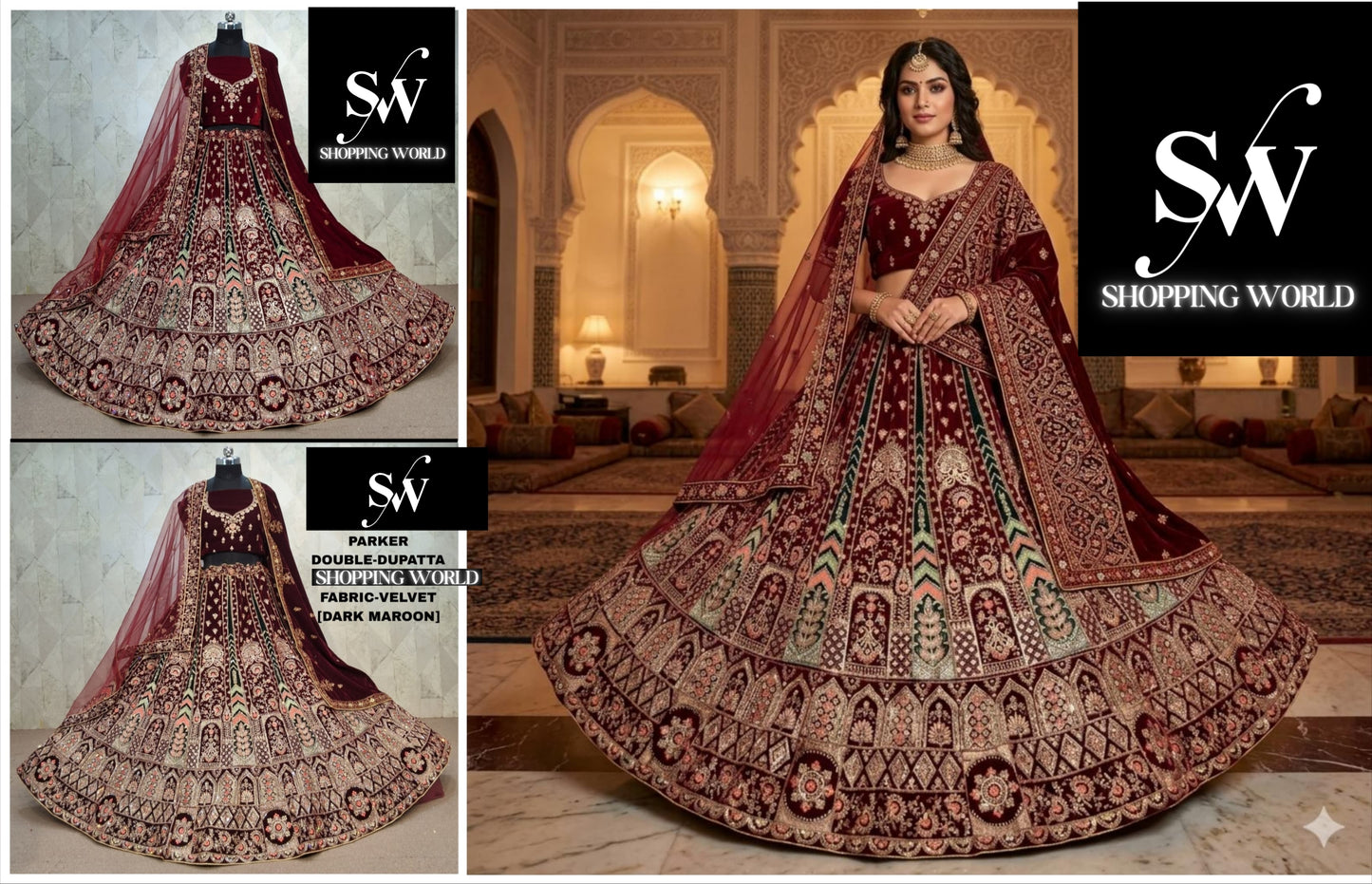 Maroon Dark Maroon Double Dupatta Velvet Bridal Lehenga