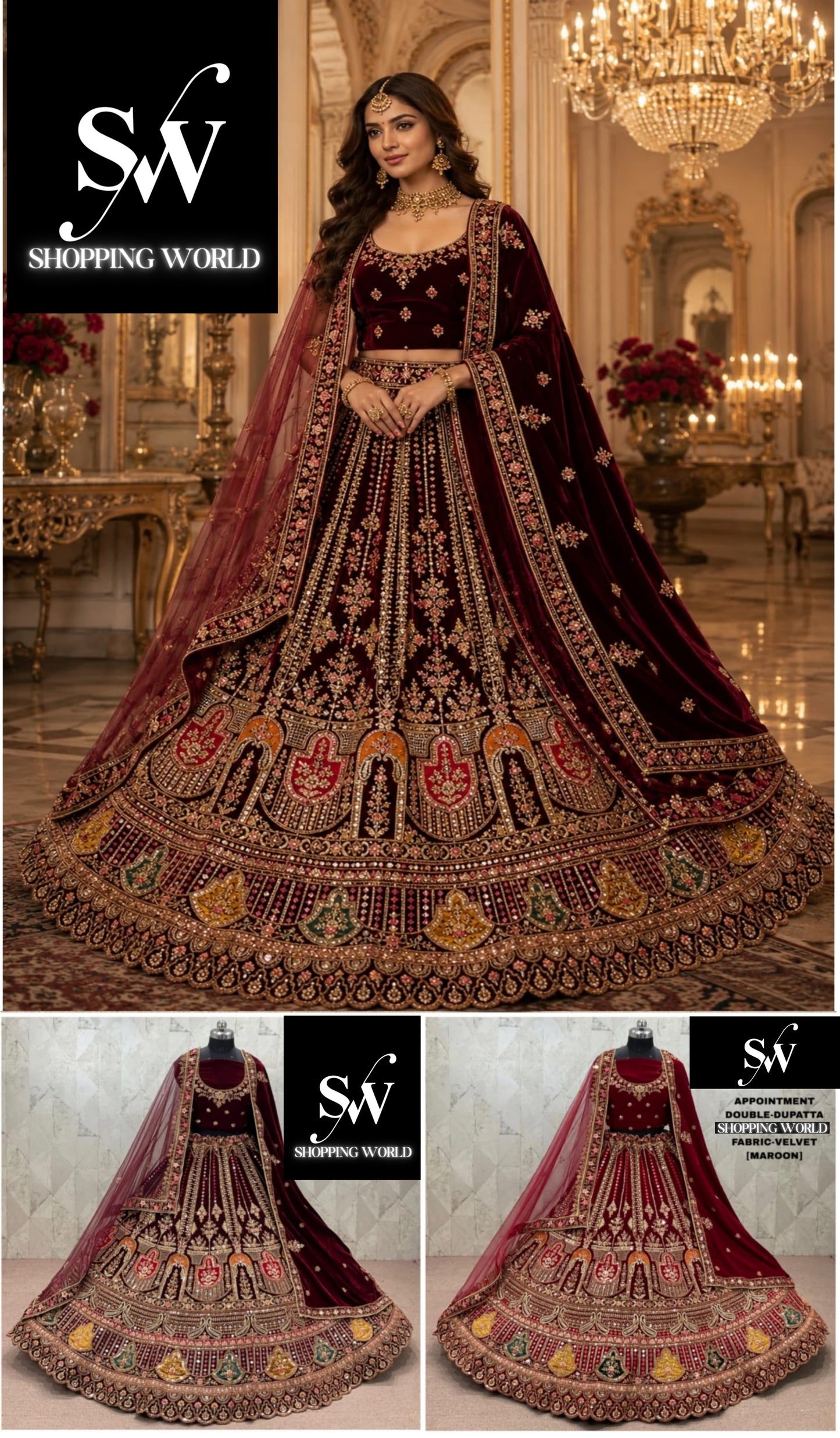 Maroon Dark Maroon Double Dupatta Velvet Bridal Lehenga