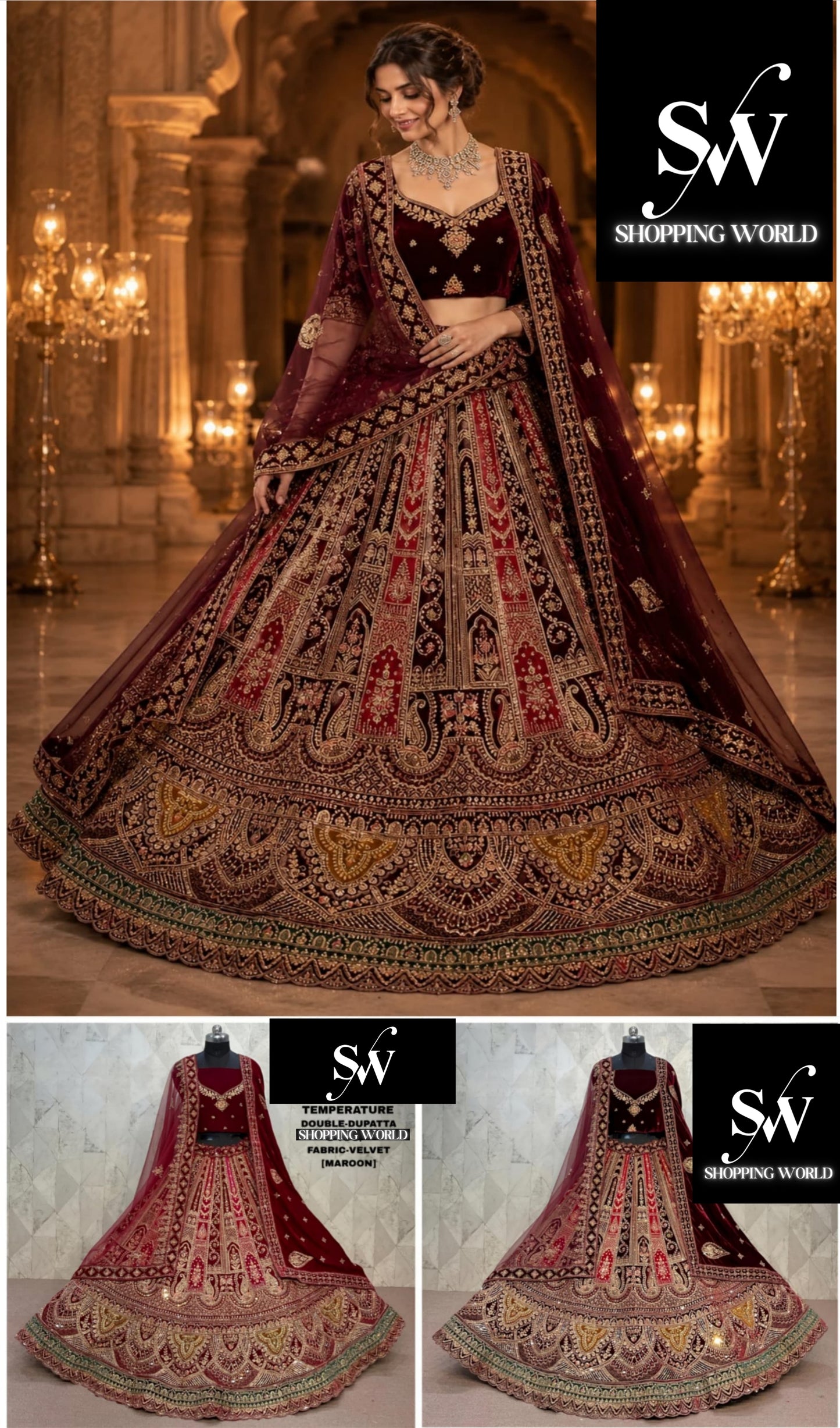 Maroon Dark Maroon Double Dupatta Velvet Bridal Lehenga