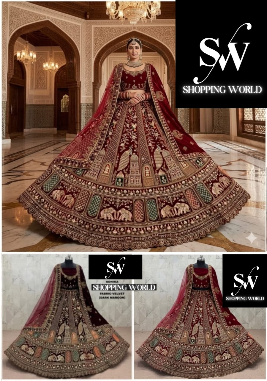 Maroon Dark Maroon Double Dupatta Peacock Velvet Bridal Lehenga