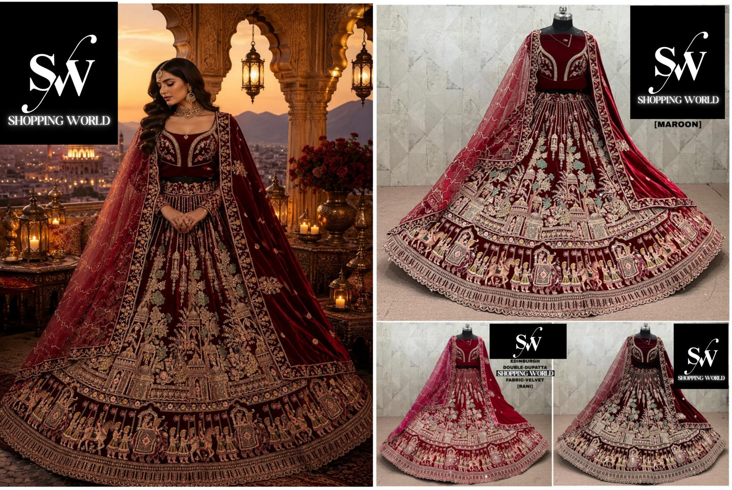 Maroon Dark Maroon Rani Pink Double Dupatta Peacock Velvet Bridal Lehenga