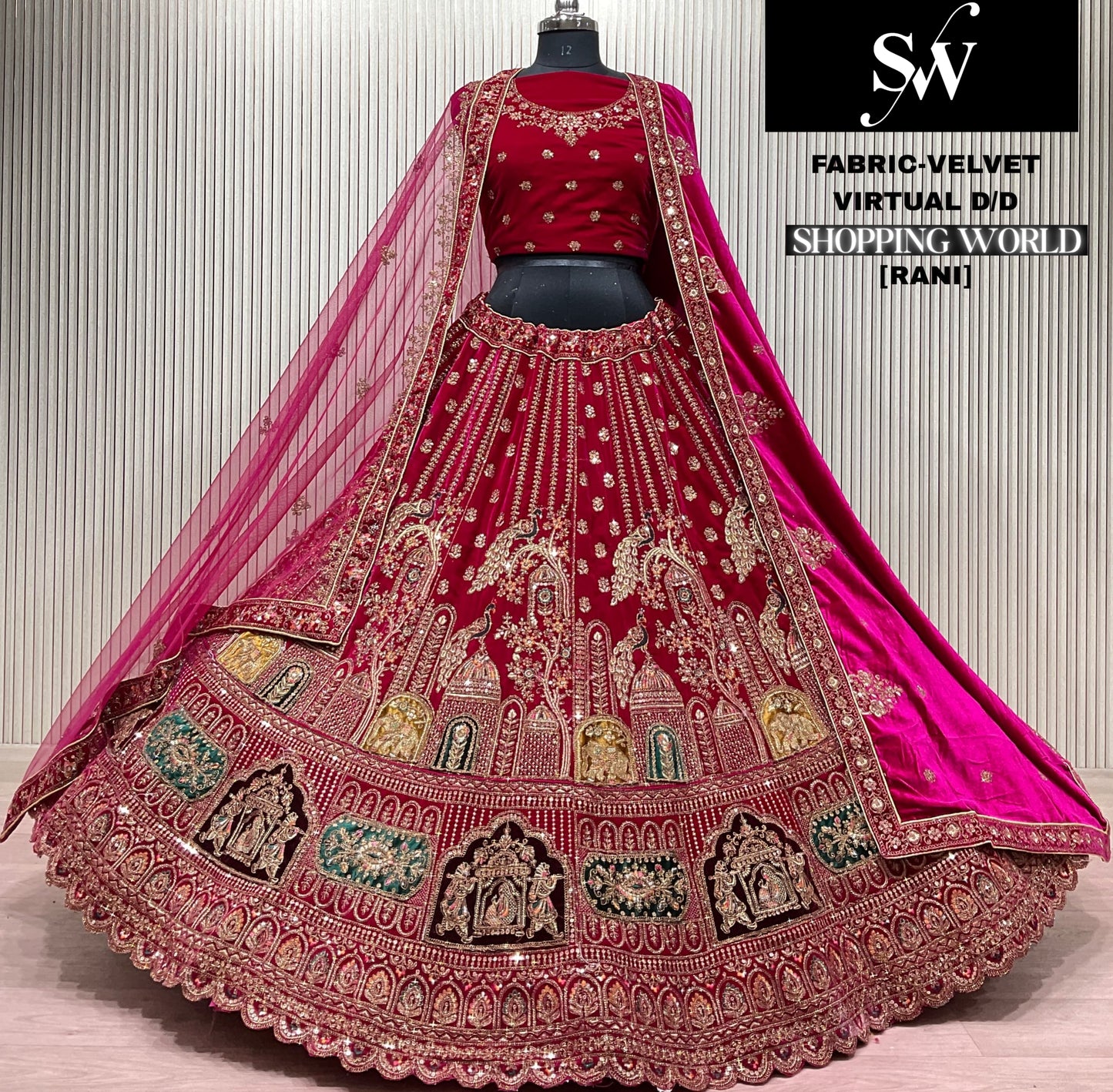 Light Maroon Peacock Velvet Bridal Lehenga