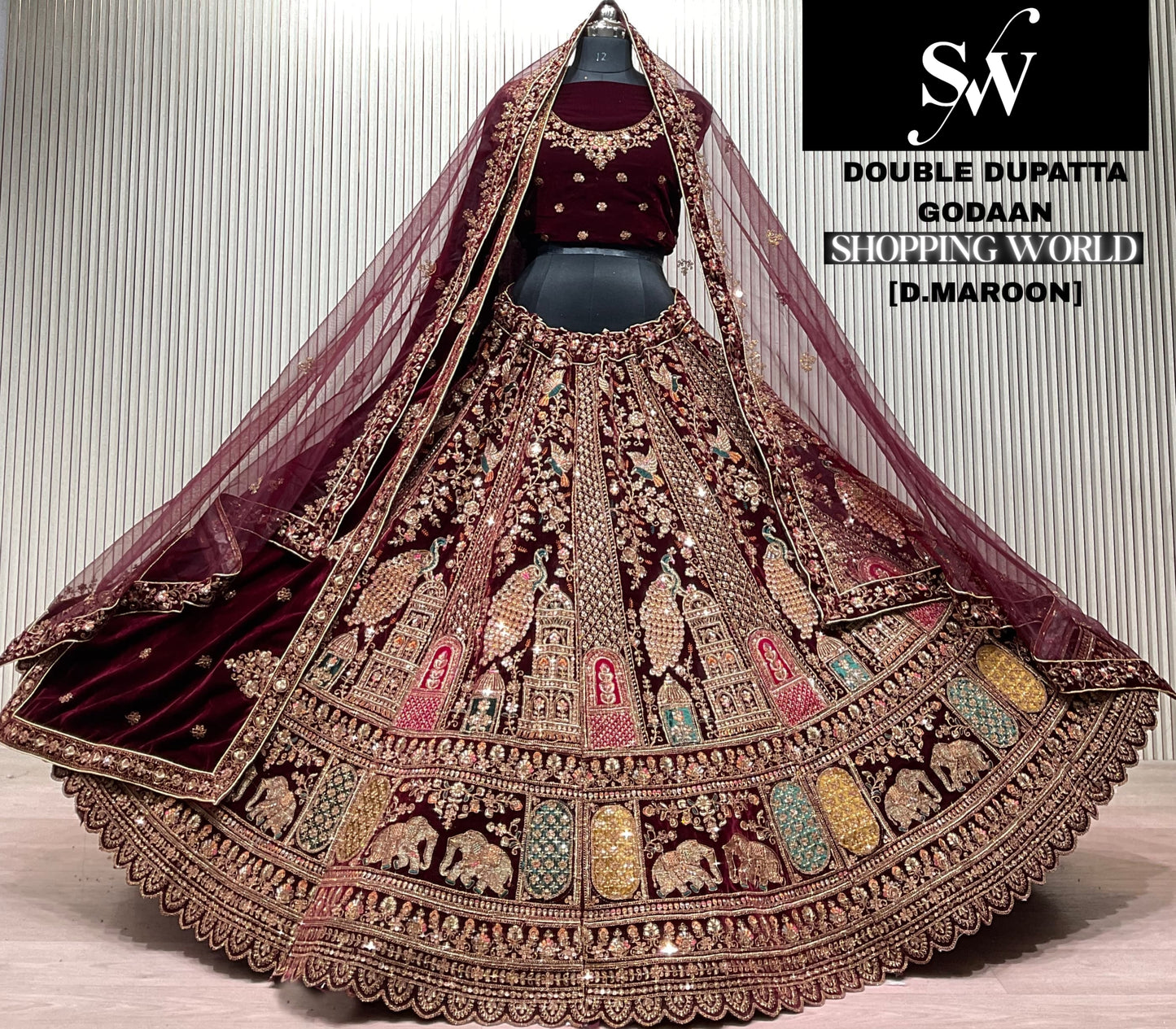 Light Maroon Double Dupatta Bridal Lehenga