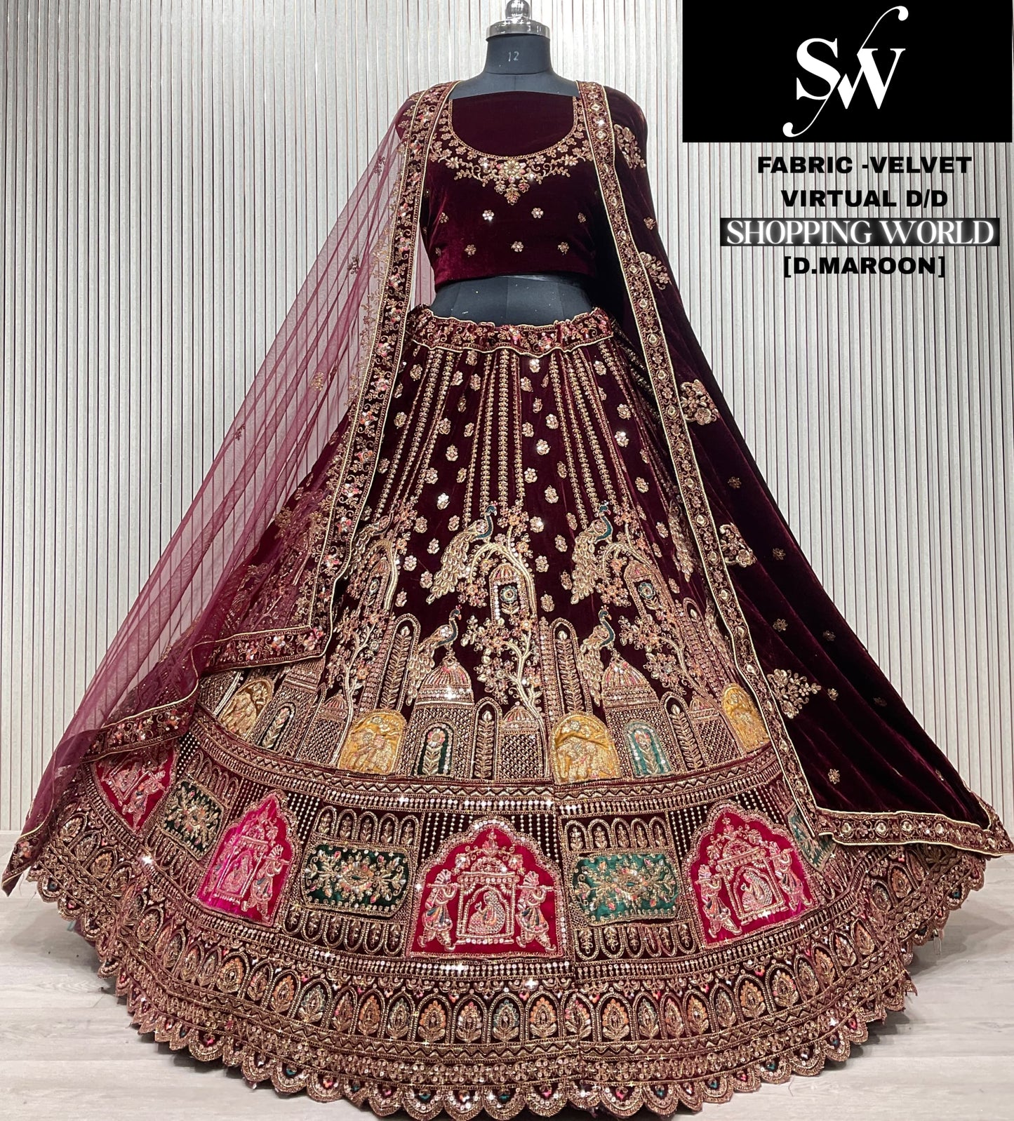 Rani Pink Peacock Velvet Bridal Lehenga