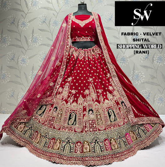 Rani Pink Peacock Velvet Bridal Lehenga