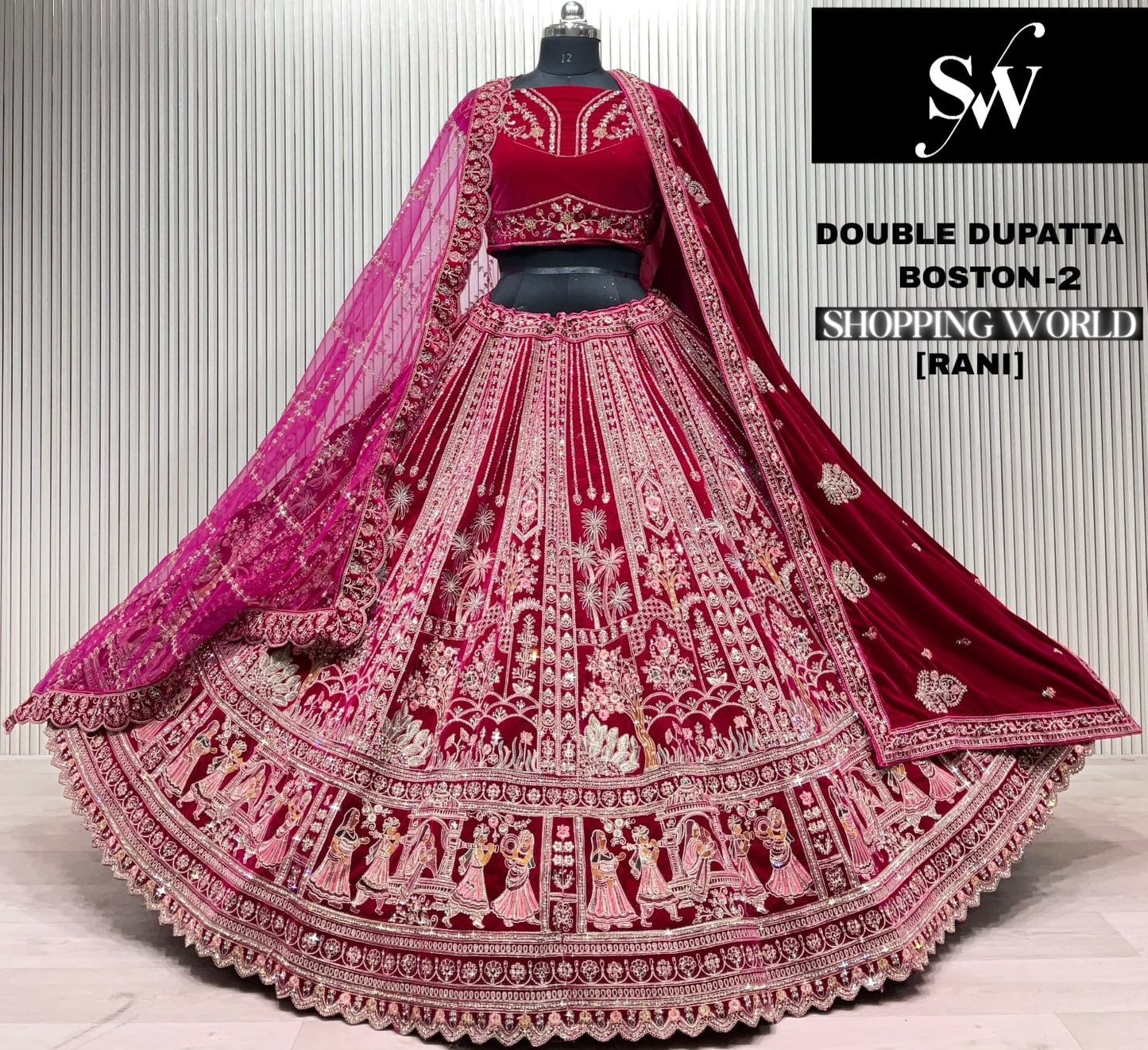 Light Maroon Double Dupatta Peacock Bridal Lehenga