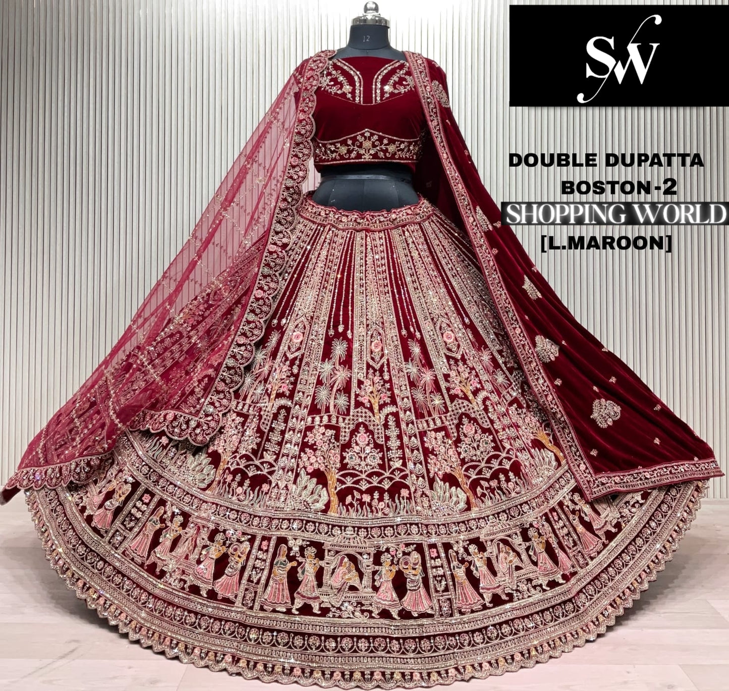Dark Maroon Double Dupatta Peacock Bridal Lehenga