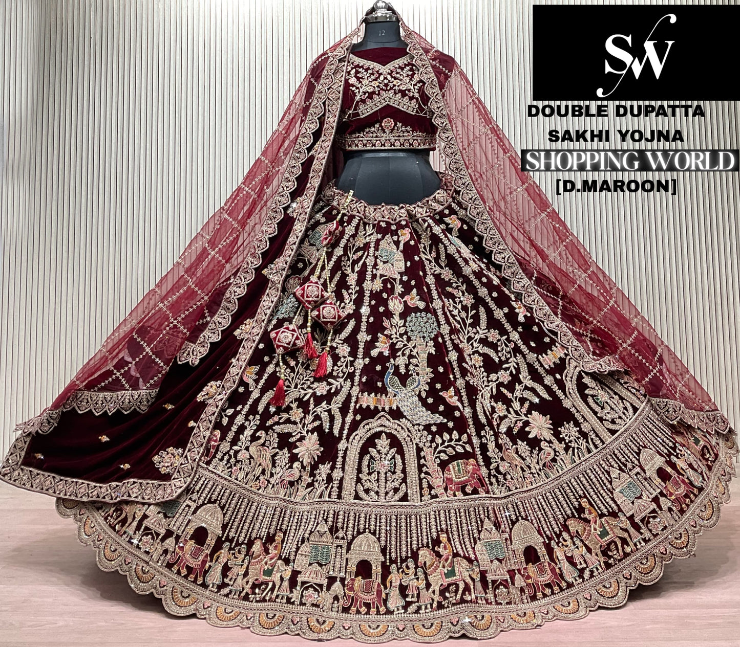 Light Maroon Peacock Double Dupatta Bridal Lehenga