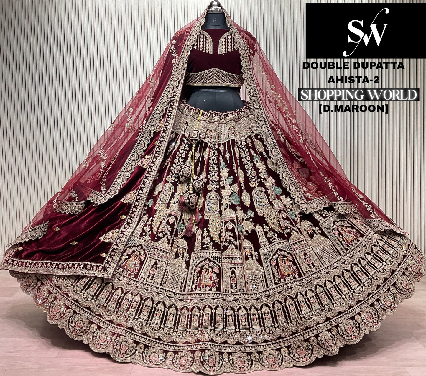 Rani Pink Peacock Double Dupatta Bridal Lehenga