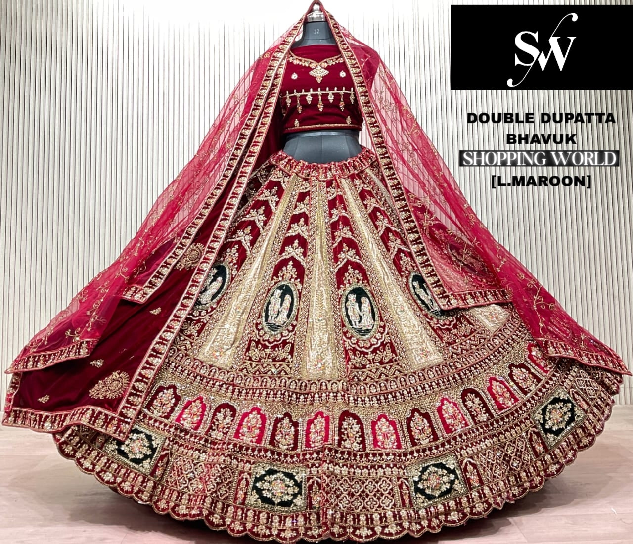 Light Maroon Double Dupatta Peacock Bridal Lehenga