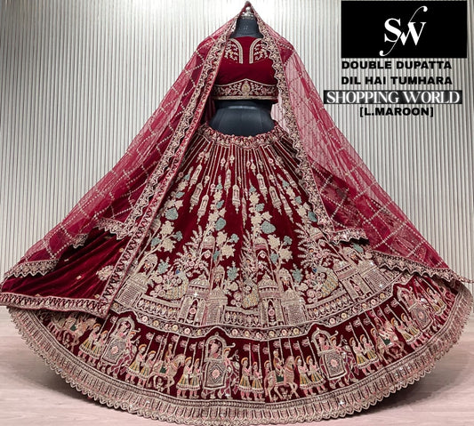 Dark Maroon Double Dupatta Peacock Bridal Lehenga
