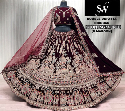 Light Maroon Double Dupatta Peacock Bridal Lehenga