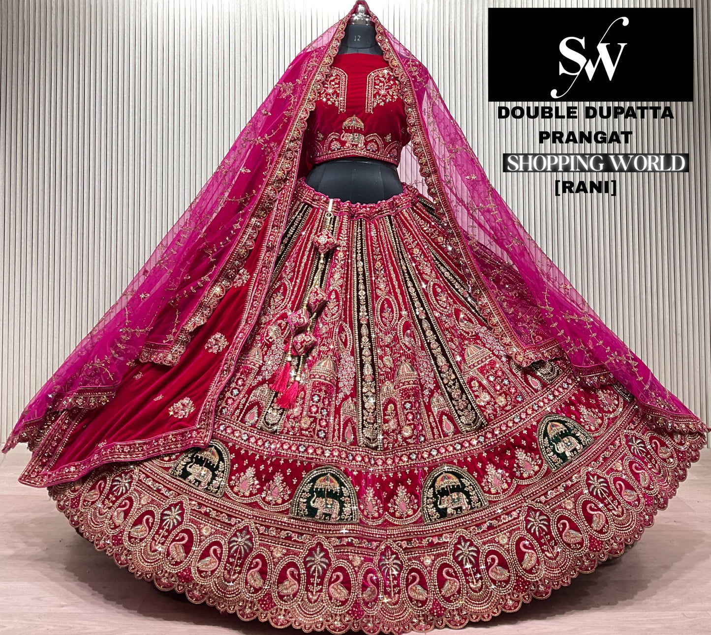 Light Maroon Double Dupatta Peacock Bridal Lehenga