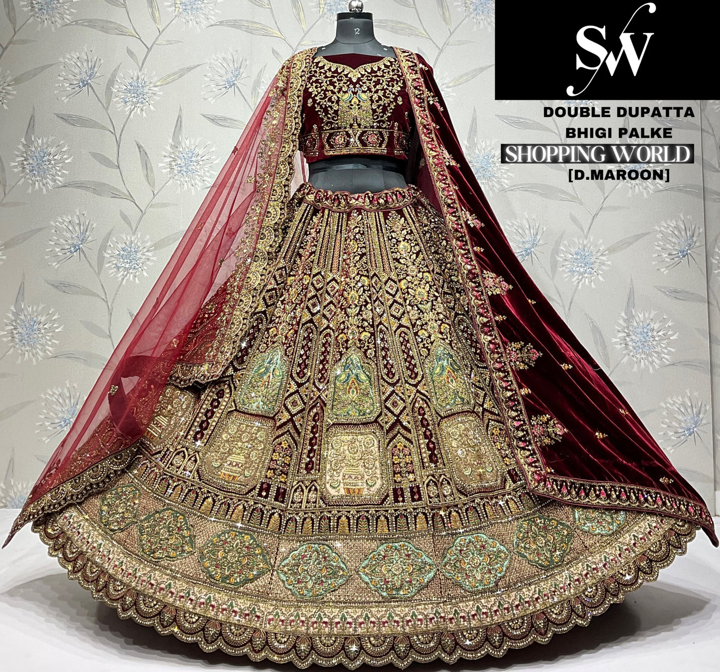 Light Maroon Double Dupatta Bridal Lehenga