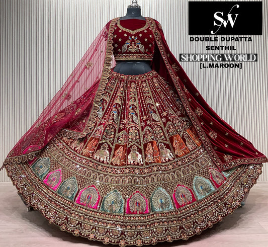Rani Pink Double Dupatta Peacock Bridal Lehenga