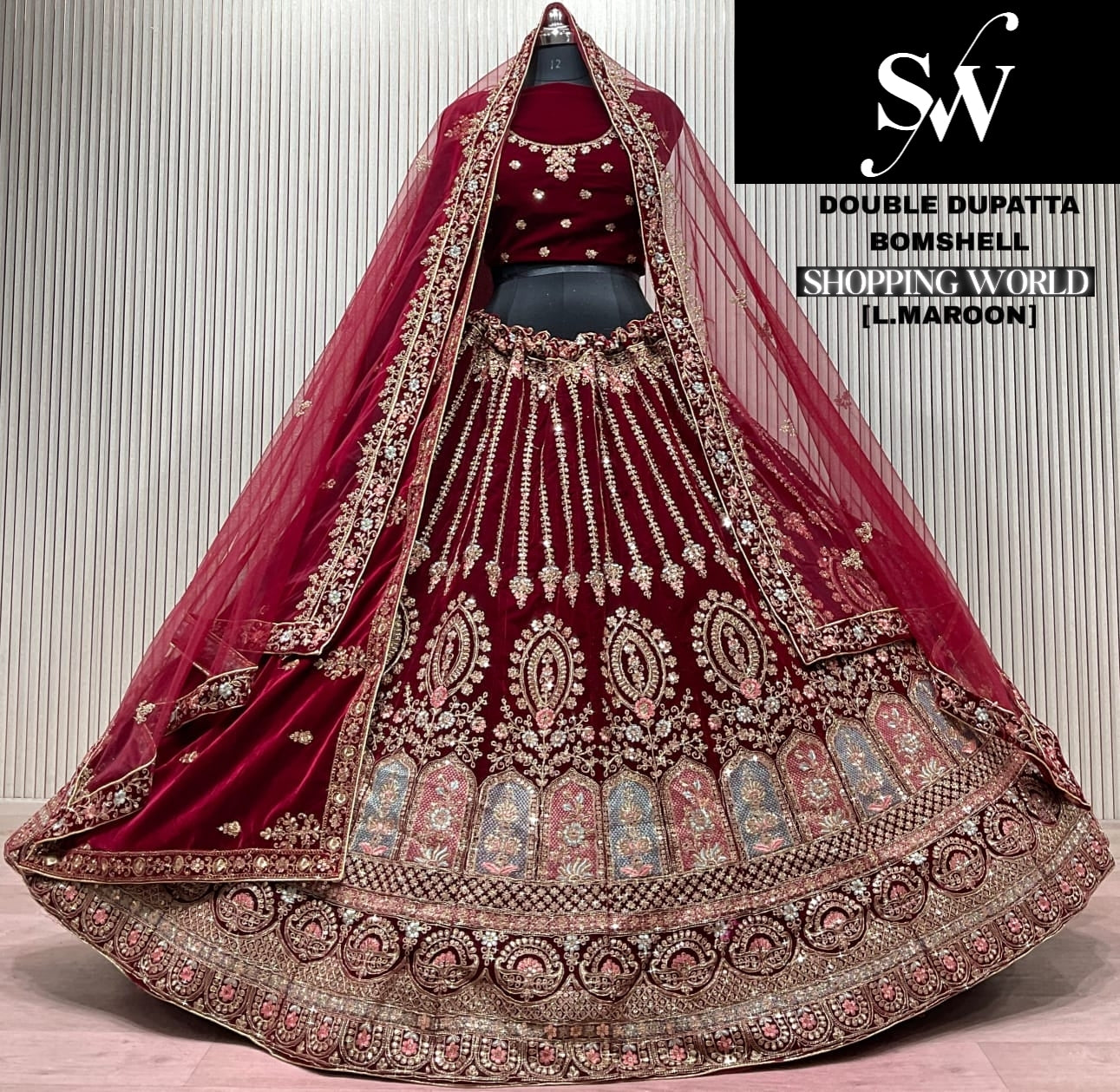 Dark Maroon Double Dupatta Bridal Lehenga