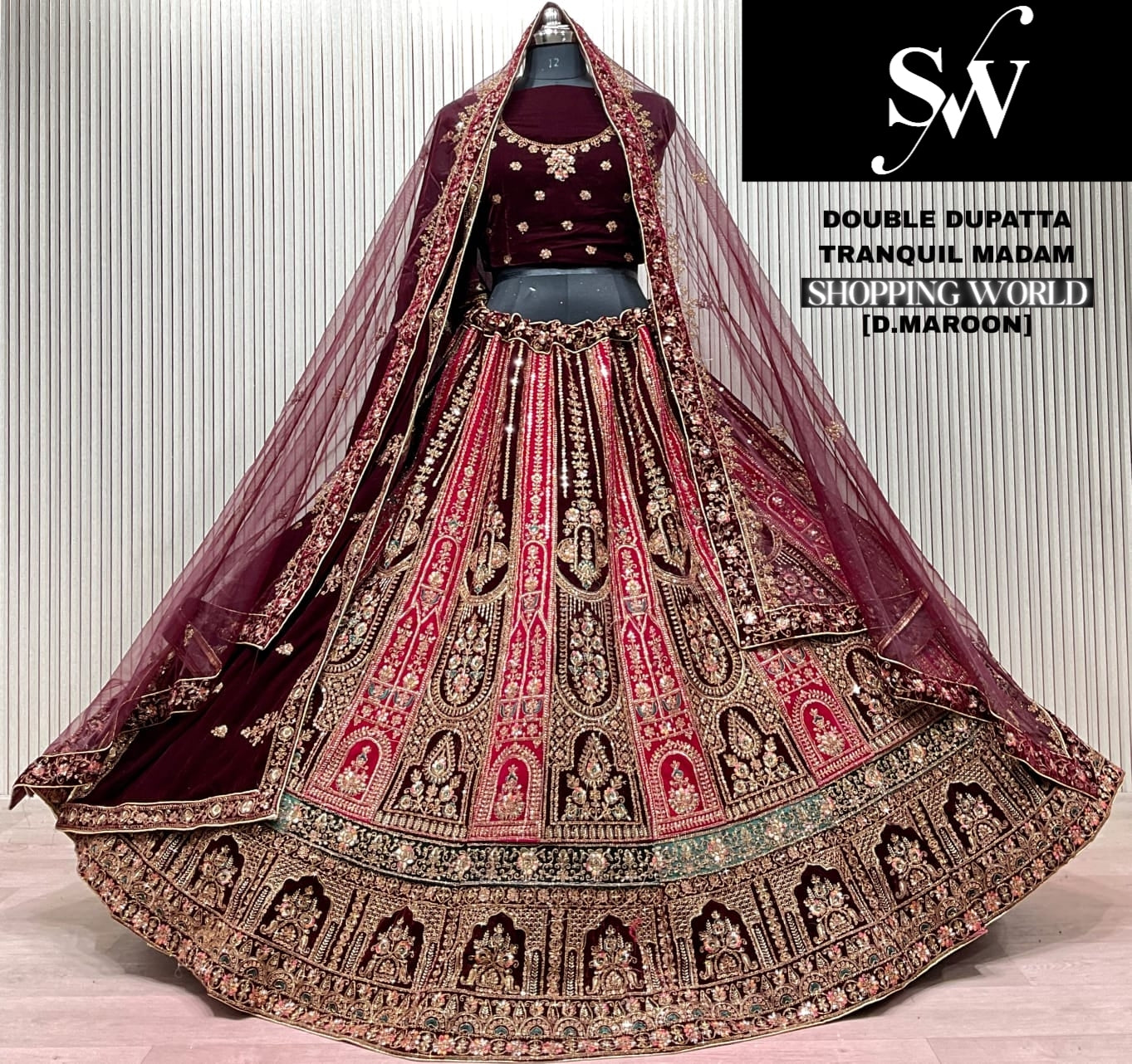 Dark Maroon Double Dupatta Bridal Lehenga