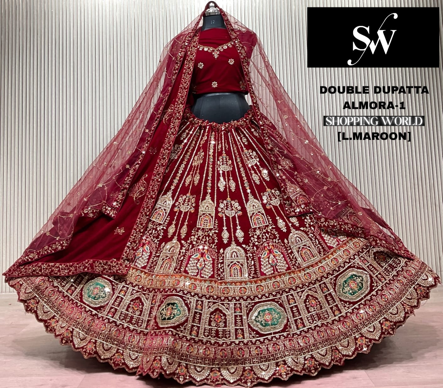 Dark Maroon Double Dupatta Bridal Lehenga