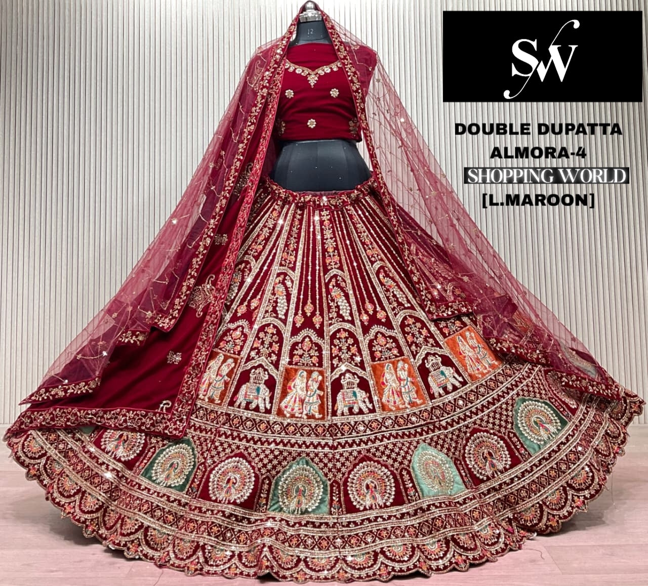 Dark Maroon Double Dupatta Bridal Lehenga