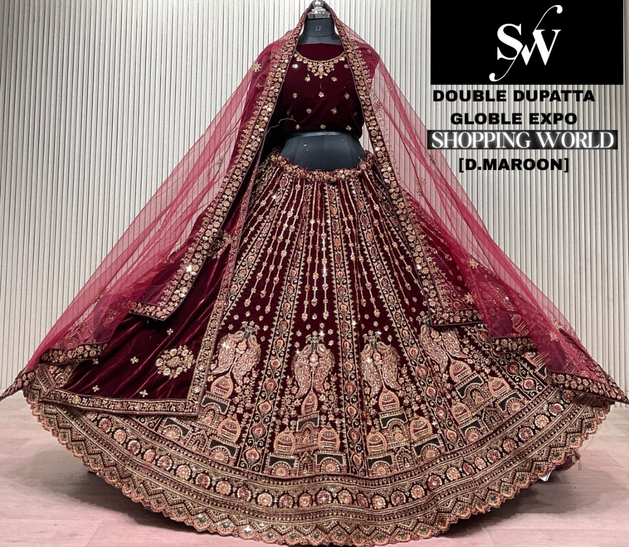 Light Maroon Double Dupatta Bridal Lehenga