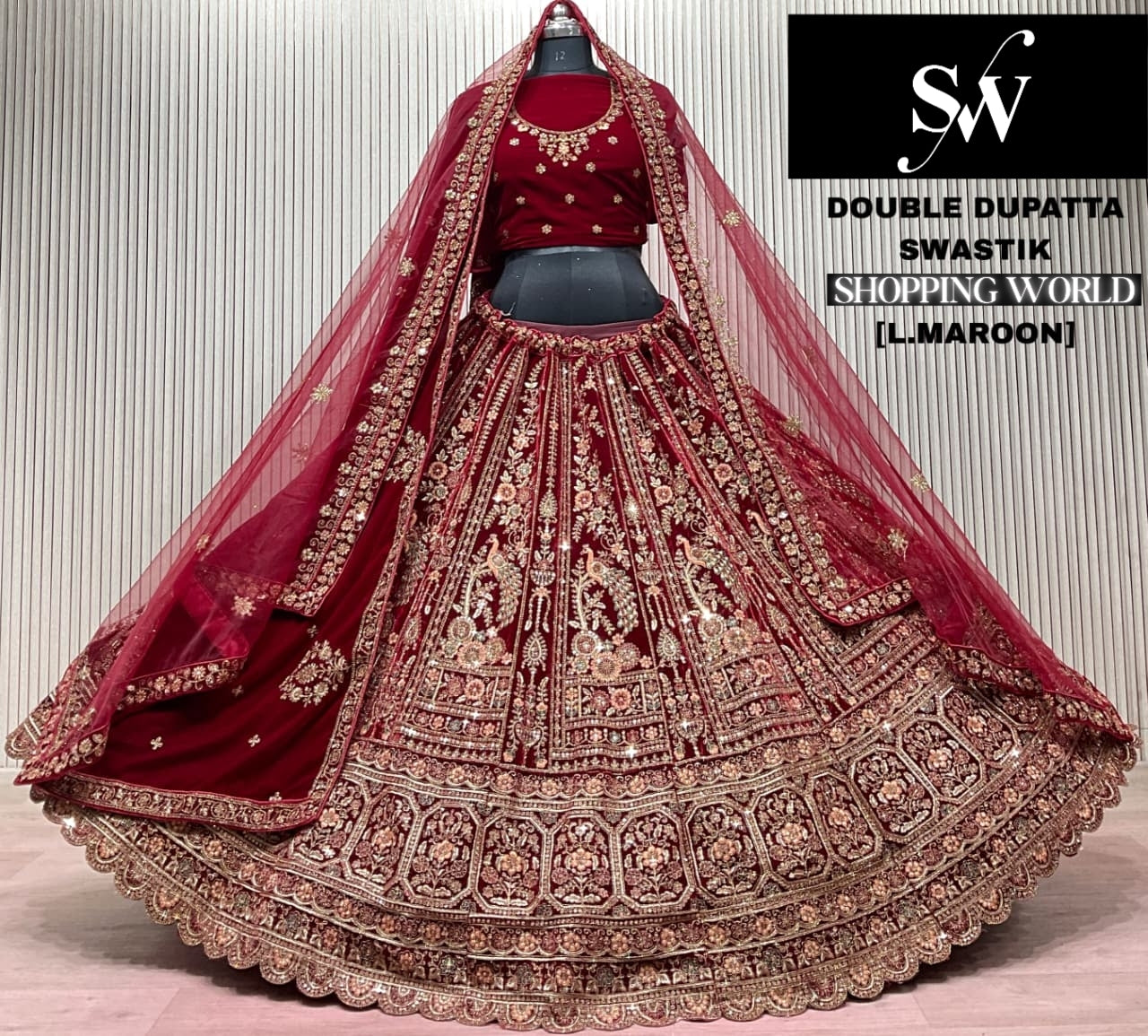 Dark Maroon Double Dupatta Bridal Lehenga