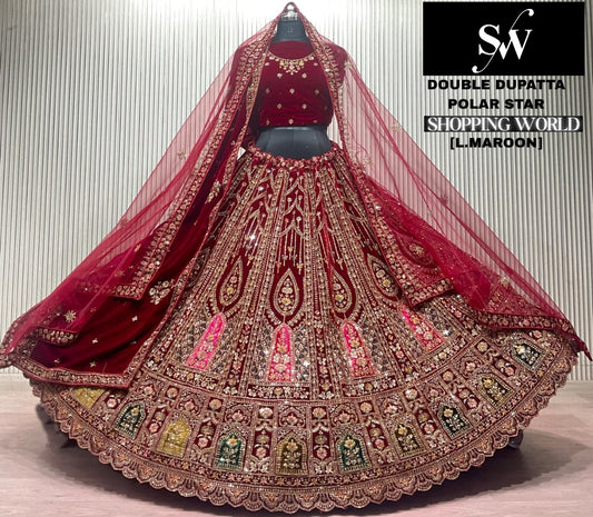 Dark Maroon Double Dupatta Bridal Lehenga