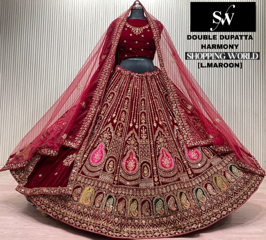 Dark Maroon Double Dupatta Bridal Lehenga