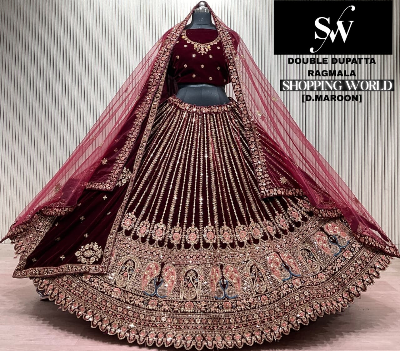 Light Maroon Double Dupatta Bridal Lehenga